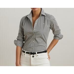 Ralph Lauren Black Label Women Top Button Up Shirt Easy Care Striped Cotton PXS
